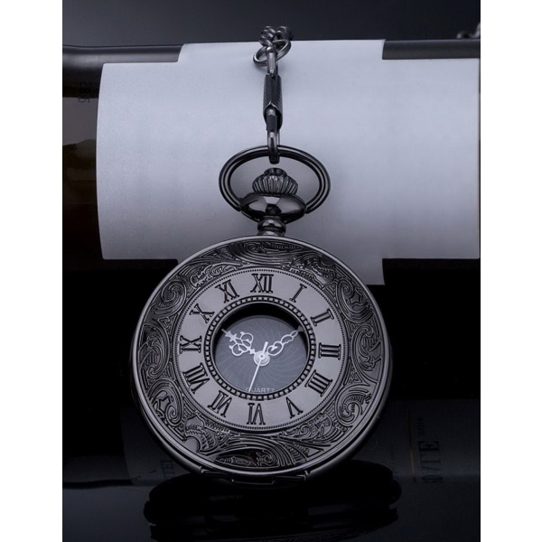 Quartz Pocket Watch for Men with Black Dial and Chain，Black