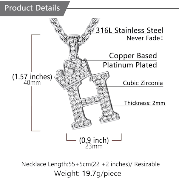 Krone Initial A-Z Halskjede, Iced Out Bokstavanheng med 22-24 Tommers Kjede, Menn Kvinner Bling Hip Hop Alfabet Navn Smykker Gave Store Initialer Halskjeder H Silver