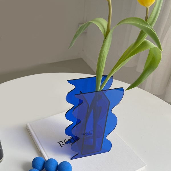 Blomster Vase Moderne Akryl Dekorative Unik Bølget Form Vase for Soverom Stue Bord Blue