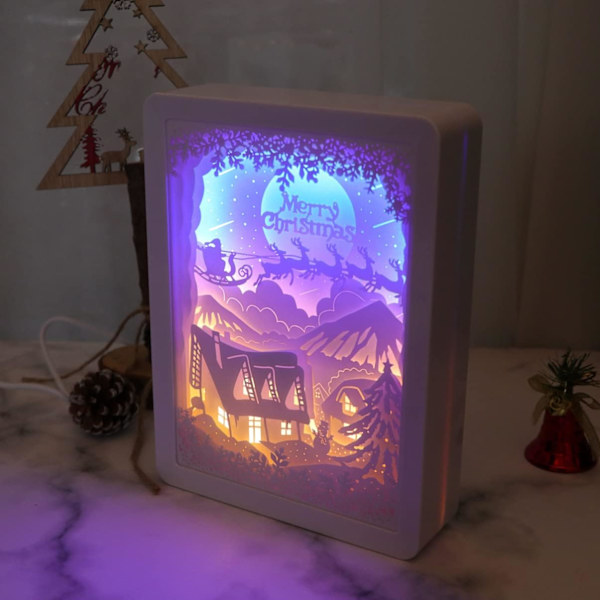 Papirklipp Lysboks Julskog Hjorte Skygge Lys USB Oppladbar 3D Papirkunst Nattelys Bord Papirklipp Lamper (Snøhus)