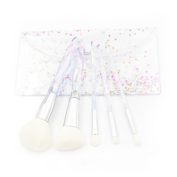 5 stk Makeup børstesæt PVC-emballage, klart diamantkrystalhåndtag Øjenbørste Blush Brush Beauty Tools（Laser Gradient Håndtag-Sølv Mund Tube）