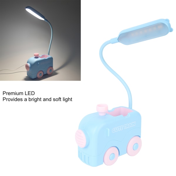 Mini tog LED nattbordslampe øyebeskyttelse studielese USB-lading med penneholder for barn Blue