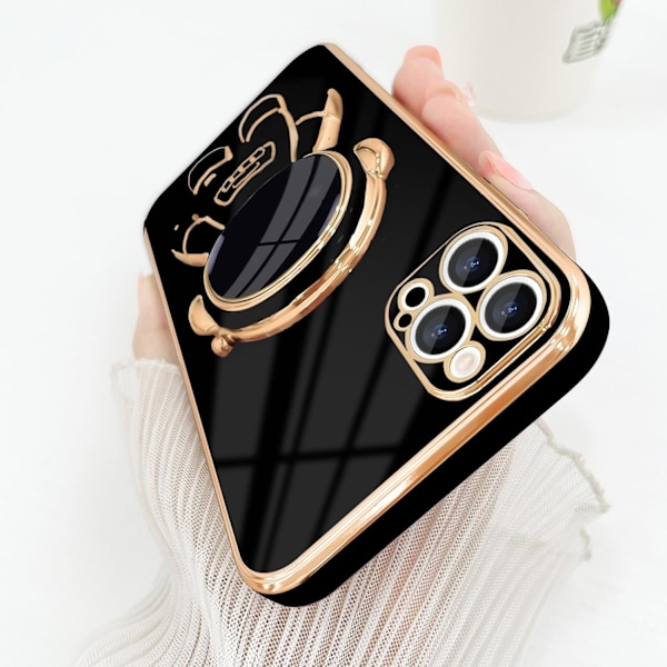 För iPhone 16 Promax Skal, Söt 3D Astronaut Stativ med [2 Skärmskydd] [Kameraskydd] Stötsäkert Bling Silikon black