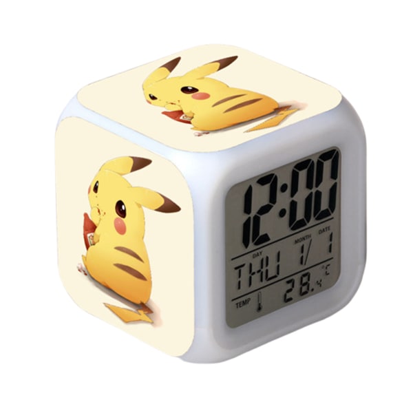 Wekity Pikachu Färgglad Väckarklocka LED Kvadratisk Klocka Digital Växlarm med Tid, Temperatur, Alarm, Datum
