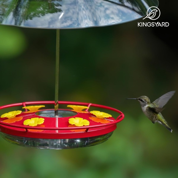 WJHummingbird Feeder med værbeskyttende kuppel, skål nektar fuglematere for utendørs henging - 6 biebeskyttelsesmateporter og innebygd maurtå ( Red