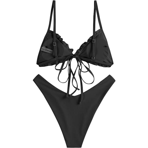 WJSM Naisten kolmiobikinit, kukkakuvioiset röyhelöt, solmittava bikinit, kaksiosainen uimapuku B-black XL