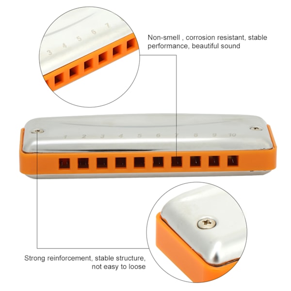 Blues-huuliharppu 10-reikäinen suukappale E-sävelin tuuli-instrumentti vedenpitävä korroosionkestävä (Orange )