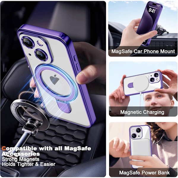 IPhone 14 Deksel med Usynlig Magnetisk Ringstativ [Kompatibel med Mag-Safe] [Full Kamerabeskyttelse] Klar Platering for iPhone Purple