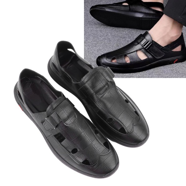Herr Sommar Stängda Tå Sandaler Andas Casual Fashionabla PU Läder Strand Sandaler för Fest Dejting Svart 43