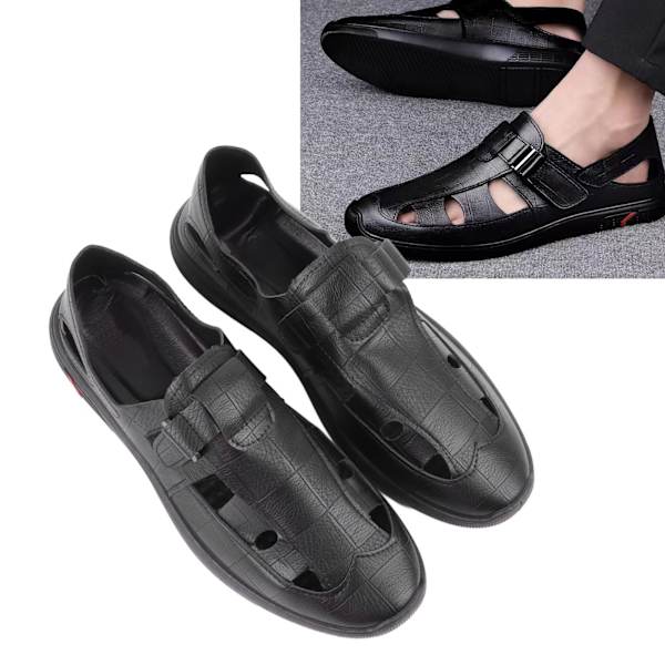 Herre Sommers Lukkede Tås Sandaler Åndbar Casual Fashionable PU Læder Strandsandaler til Fest Dating Sort 43