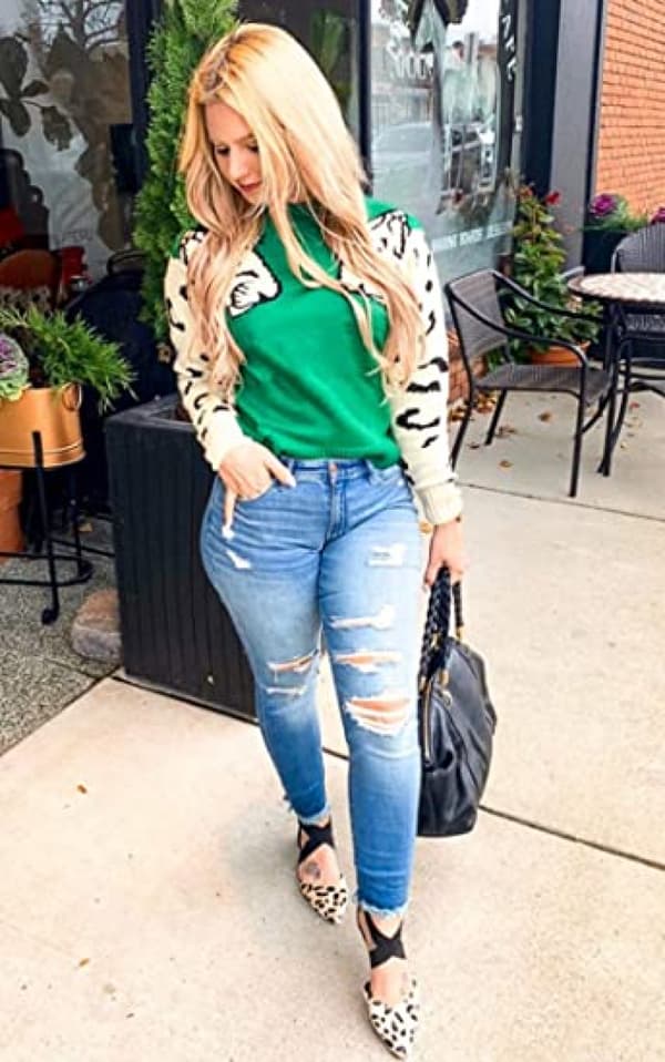 Damegensere Casual Leopard Trykt Patchwork Langærmet Strikket Genser Korte Genser Topper
