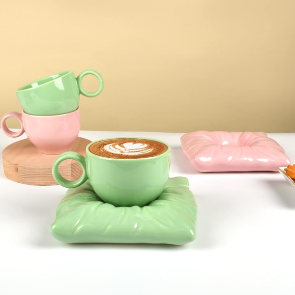 Keramisk kaffemugg, kreativ söt kopp med kuddkudde för kontor och hem, diskmaskin och mikrovågsugn säker, te latte mjölk (frisk grön)