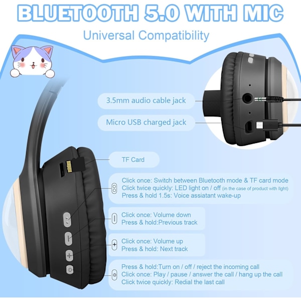 Barn Bluetooth-hörlurar med mikrofon & 3,5 mm-kontakt, trådlösa hörlurar för tonåringar och småbarn med justerbar huvudband Black