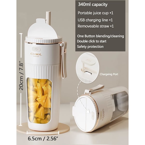 Bärbar Blender, Personlig Blender för Shakes och Smoothies, Mini Blenderflaska USB Laddningsbar, Bärbar Saftkopp med 10 Blad