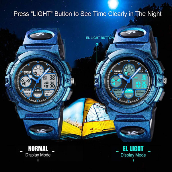 Pojkar, flickor, vattentät watch, ljusblå PU-rem för watch, elektronisk analog watch med larmstoppur