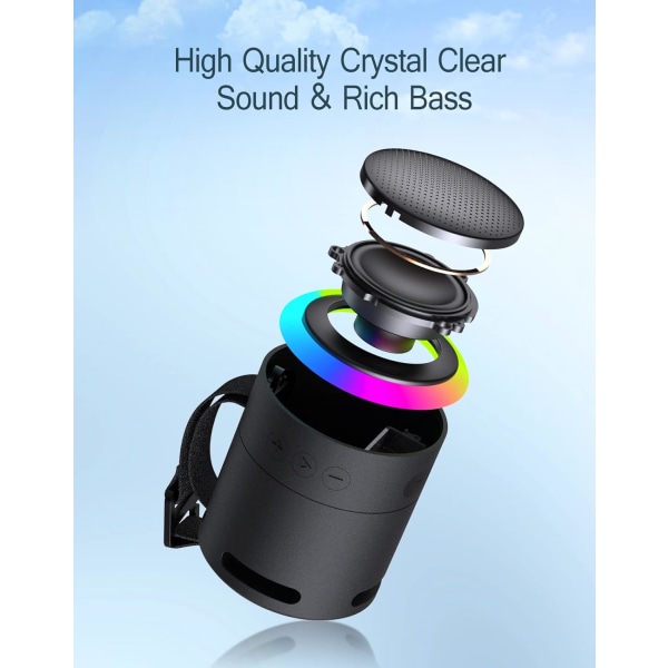 Bluetooth-kaiuttimet, kannettava langaton kaiutin valolla, IPX6-vedenpitävä, HiFi-ääni, 24 tunnin toistoaika ulko- ja kotiolosuhteisiin Light-black