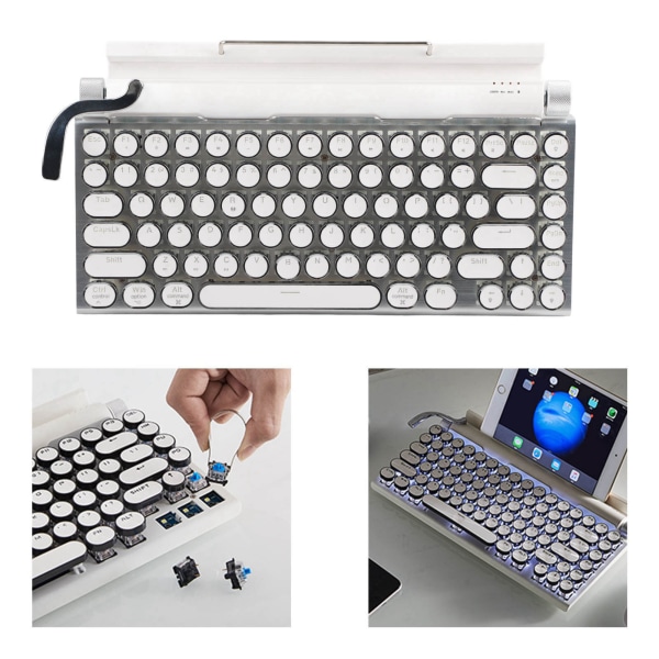 Skrivemaskine Mekanisk Tastatur 83 Taster Blå Switch Bluetooth 5.0 Understøtter 3 Enheder FN Master Retro Stil Rund Keycap Tastatur White