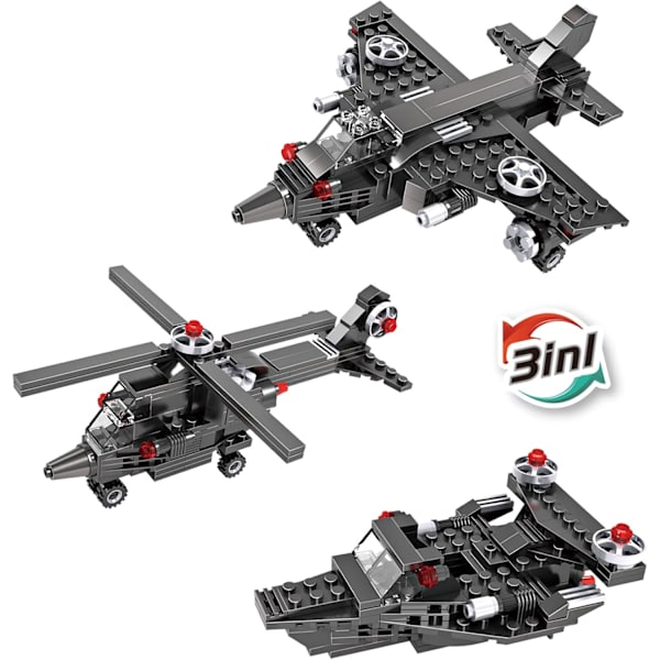 Militärstridsflygplan Byggset 3i1 Creator Helikopter Byggsats Stadsplan Armékrigsskepp Krigsflygplan Byggleksaker 177 PCS Konstruktion