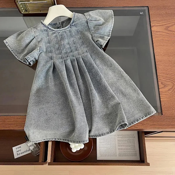 Koreansk Stil Sommer Jentenes Denim Kjoler 2-4 År Barnes Kort Flare Erme Plissert Myk Denim Kjole Barneklær 100cm