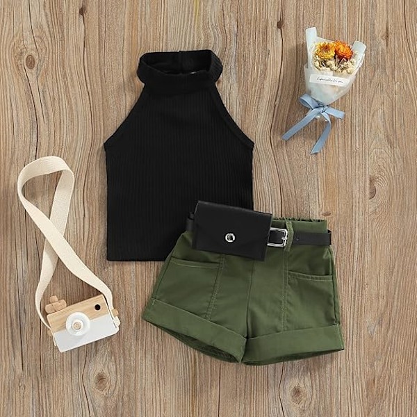 Fashion Småbarn Baby Flicka Sommar Outfits Ärmlös Halter Ribbstickad Linne och Shorts med Bälte 2 Delar Klädset green 80cm