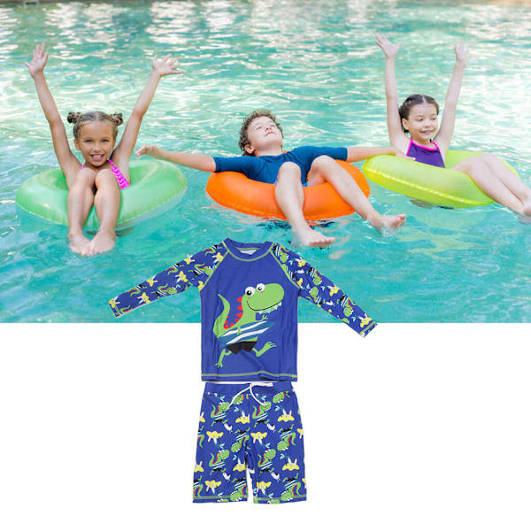 Pojkar Flickor Tvådelad Badkläder Snabbtorkande Dinosaurie Mönster UV-skydd Långärmad Rash Guard Set Blå M