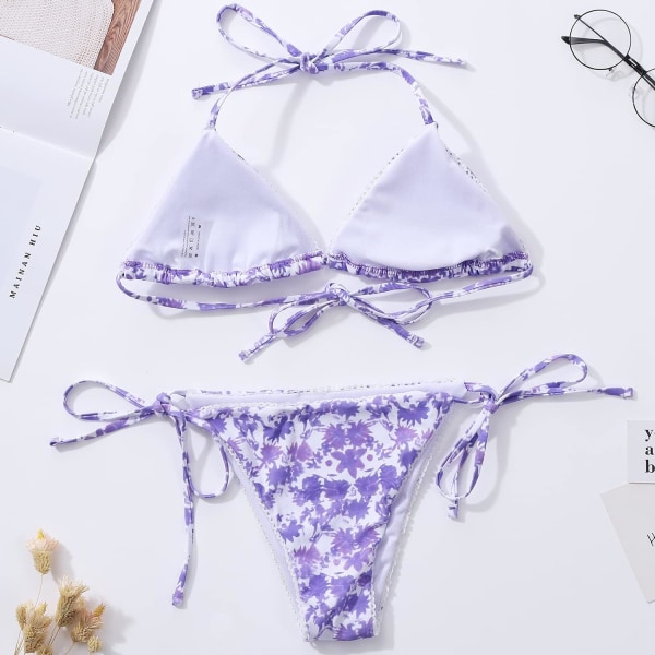 Bikini badedragt sæt til kvinder badetøj trekant badedragt binde snor thong Floral Purple M