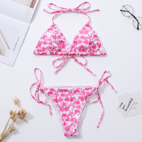 Bikinis Badkläder Set för Kvinnor Badkläder Triangel Baddräkt Tie String Trosa Floral Red XL