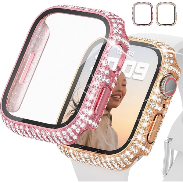 2-pack Bling-fodral till Apple Watch Series 7 41 mm med inbyggt skärmskydd i härdat glas, fullständigt Bling-skydd med kristalldiamanter för iWatch