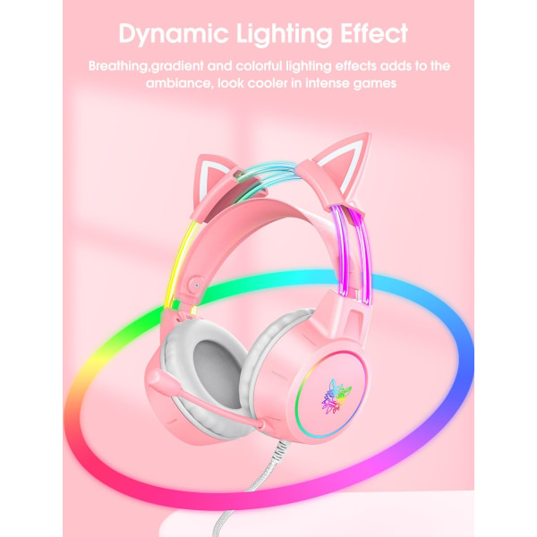 Lätta spelheadset med avtagbara kattöron, Gradient RGB-ljus, Trådbundna Over-Ear-hörlurar för PC/PS4/PS5/XBOX/Switch, Virtuellt surroundljud Pink