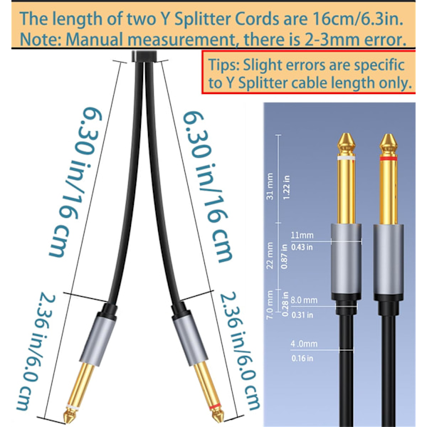 3,5 mm TRS til dobbelt 6,35 mm TS-kabel, mono-stereo Y-splitter-kabler, han til han-stik lydkabel, 1/8\" til 1/4\" lydkabeladapter 6.6Ft/2M