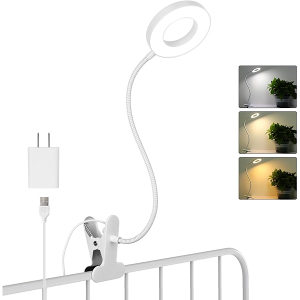 Bordlampe med klemme for lesing hjemmekontor, lysstyrke 3 moduser, klemmelampe for sengegavl, hobby white