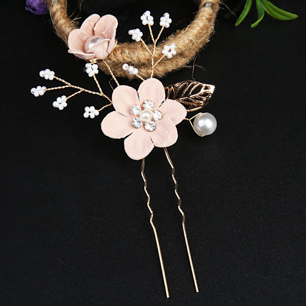Brud Blommor Bröllop Hårnål Kristall Pärla Hårkort Blomster Huvudbonad Guld Bröllop Hår Smycken Brud Diamant Smycken 2 Blomster Hår Gafflar Pink