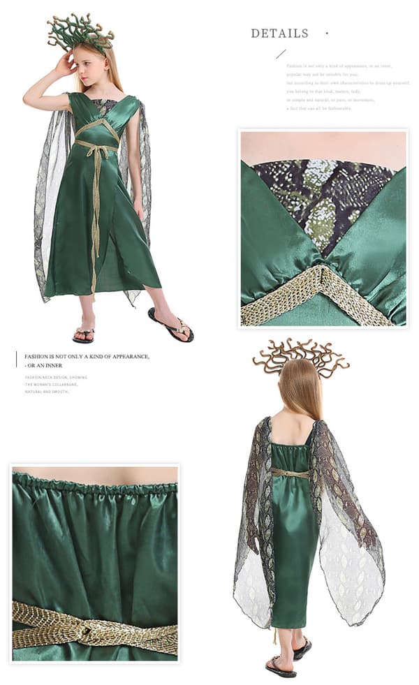 Medusa børnekostume til piger, grøn, L