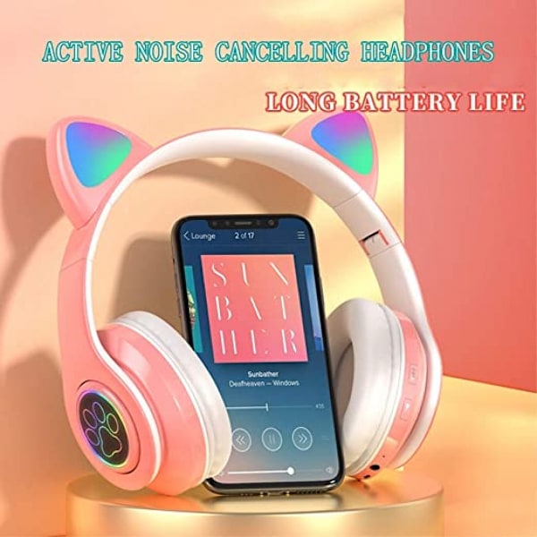 Kissan korvat LED Bluetooth -kuulokkeet, aktiivinen melunvaimennus, langattomat kuulokkeet, 8 tunnin toistoaika, Hi-fi-stereo, D