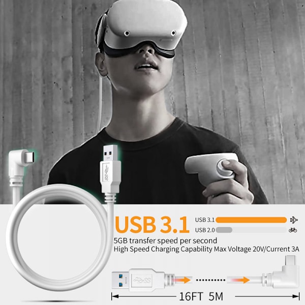 2-in-1 Quest (Oculus) Link Virtual Reality -kuulokemikrofonikaapeli Quest 2:lle ja Questille - 16 jalkaa (5 m) - PC VR