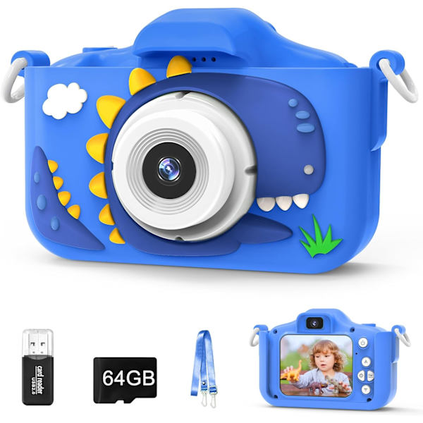 Barnekamera, kamera for barn med 64 GB-kort, 48 MP, 1080P HD, barnekamera for småbarn jenter gutter barn Blue