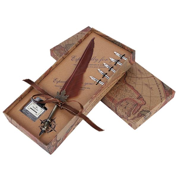 Europeisk Retro Quill Legering Fjäder Skrivande med Pennnibbar Presentask Set Med Bläckflaska Brun