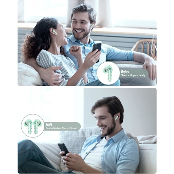 Trådlösa Hörlurar, 30 Timmars Uppspelning Stereo Hörlurar med LED-Display Laddningsfodral, Bluetooth 5.3 In-Ear Hörlurar med Mikrofon för Telefon Surfplatta Laptop Green