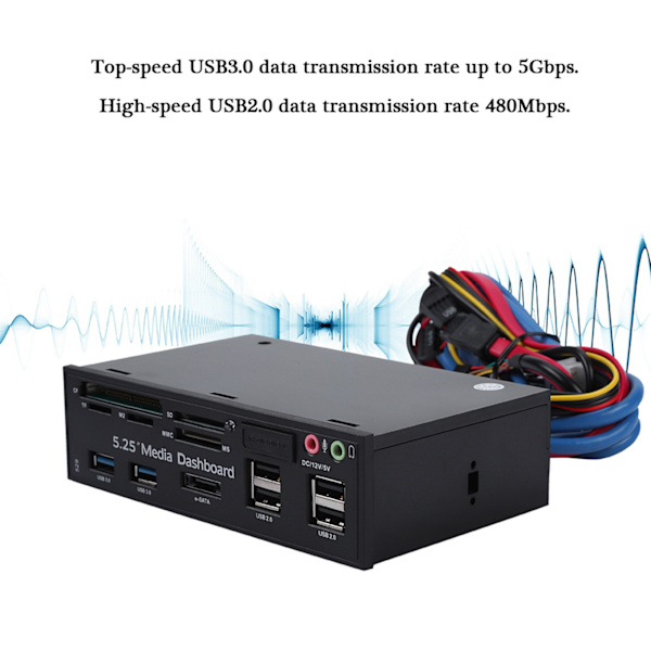 5,25\" Front Multifunksjonspanel USB3.0 Hub Media Dashboard PC Intern Kortleser