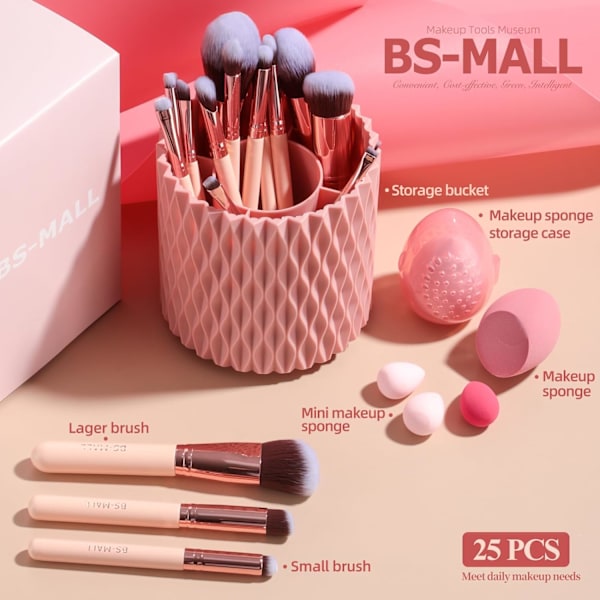 BS-MALL Sminkebørster Premium Syntetisk Foundation Pudder Concealers Øyenskygger 18 Deler Børste Sett med 5 Svamp & Holder Svamp Etui Pink