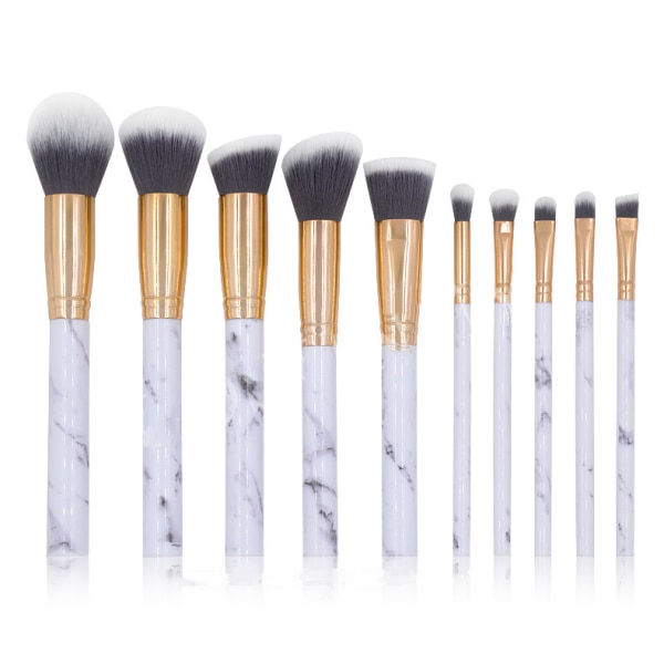 10 STK Makeup Brushes Professional， Marmorhåndtag børstesæt, bløde og lugtfrie naturlige syntetiske børster（hvide）