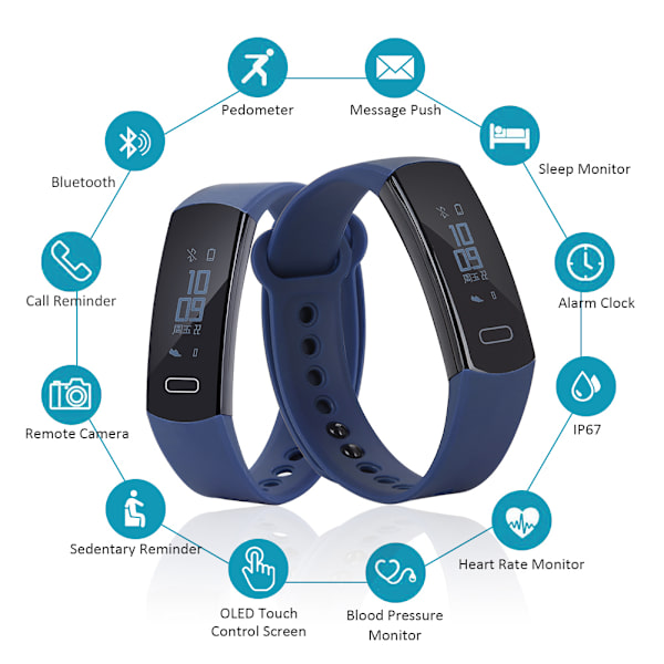 Bluetooth Sport Running Smart Armbånd OLED Blodtryk Hjertefrekvens Søvnmonitor (Mørkeblå)
