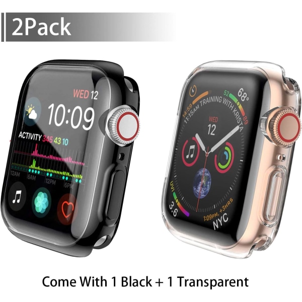 [2-Pack]38 mm veske for Apple Watch Screen Protector, samlet beskyttelsesveske TPU HD Ultra-Tynt deksel (1 svart+1 gjennomsiktig)