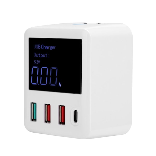 4-porters bærbar QC3.0 hurtiglader USB-lader med LED-digitaldisplay for mobiltelefonEU-plugg (100-240V)