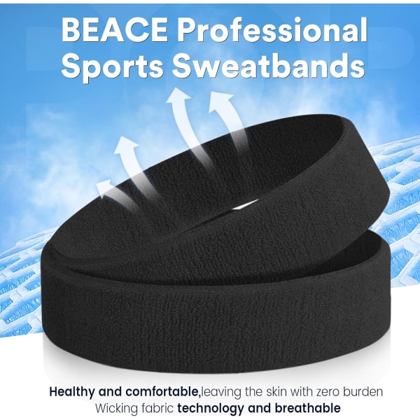 3-pack svettband sport pannband för män och kvinnor - fukttransporterande atletisk bomullstyg svettband för tennis, basket, löpning, gym, träning Black