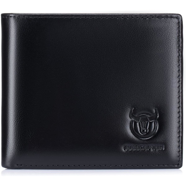 RFID-plånböcker för män, smal bifold äkta läderplånbok med 2 ID-fönster framficka QB-05 (svart) Black