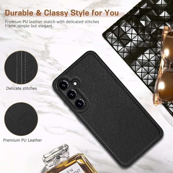 Samsung Galaxy S25 6.2 tum Skal, Premium Läder Klassisk Lyx PU Halkfritt Grepp Robust Stötfångare Stöttåligt Fullständigt Kroppsskydd Black