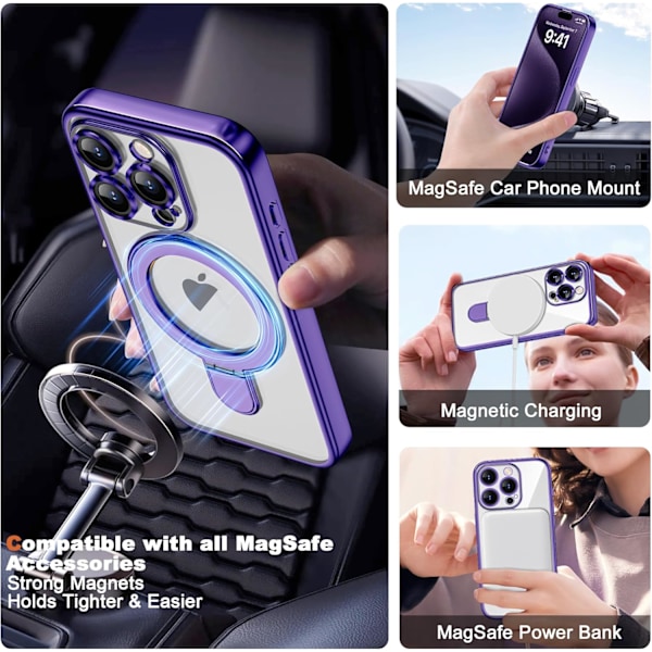 iPhone 15 Pro Max Skal med Osynlig Magnetisk Ringstativ [Kompatibelt med MagSafe] [Fullständigt Kameralinsskydd] Pläterad Klar för Purple