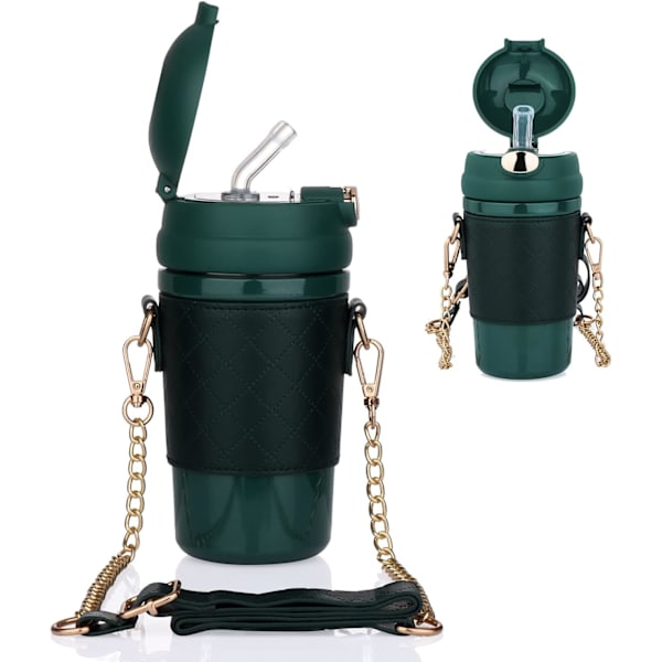 Isoleret vandflaske med sugerør, rustfrit stål termokande ærme og bærestrop, rejse kaffekrus til børn kvinder mænd - 16oz/480ml (grøn)