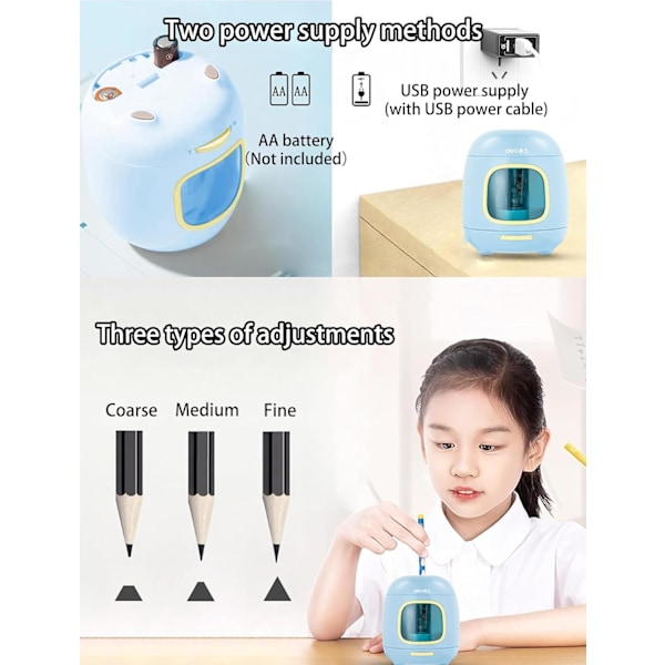 Elektrisk blyantspidser, 5000 gange for klinge, udskiftelig klinge, 3 års garanti, batteri/2A USB-drevet, egnet til 6-8 mm, Extr blue